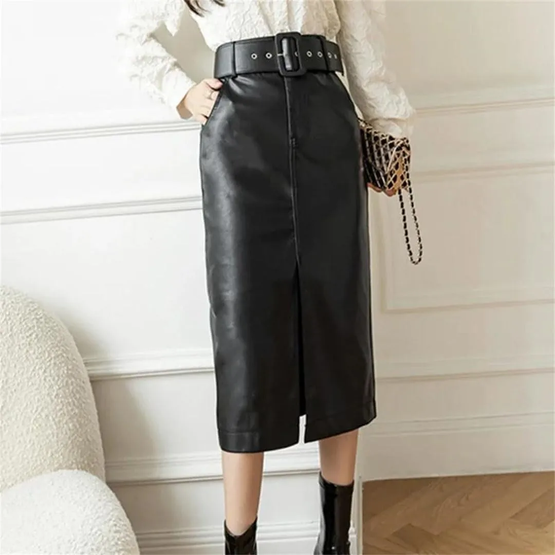 Women's PU Faxu Leather Mi-Long Wrap Skirts with Belted High Waist Front Split Sheath Pencil Skirt