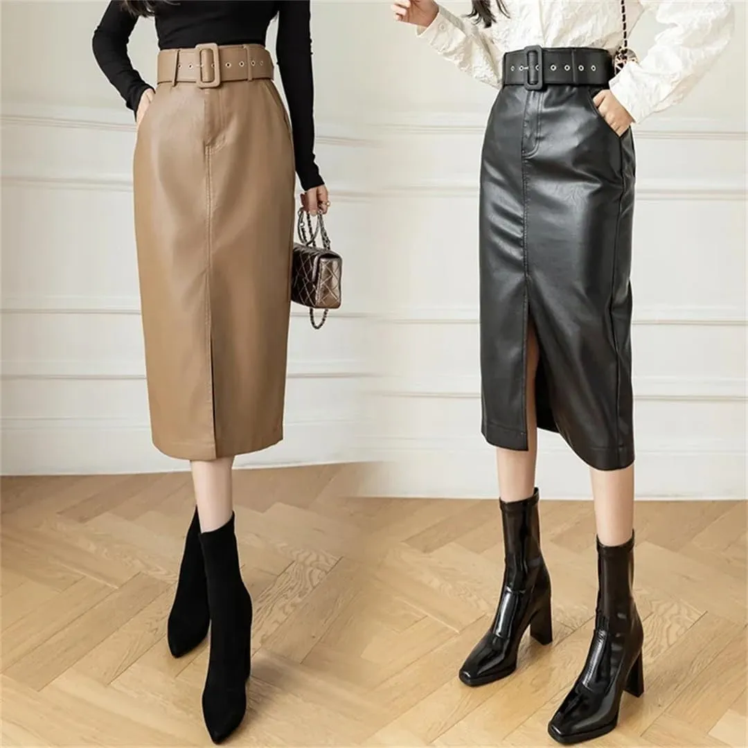 Women's PU Faxu Leather Mi-Long Wrap Skirts with Belted High Waist Front Split Sheath Pencil Skirt