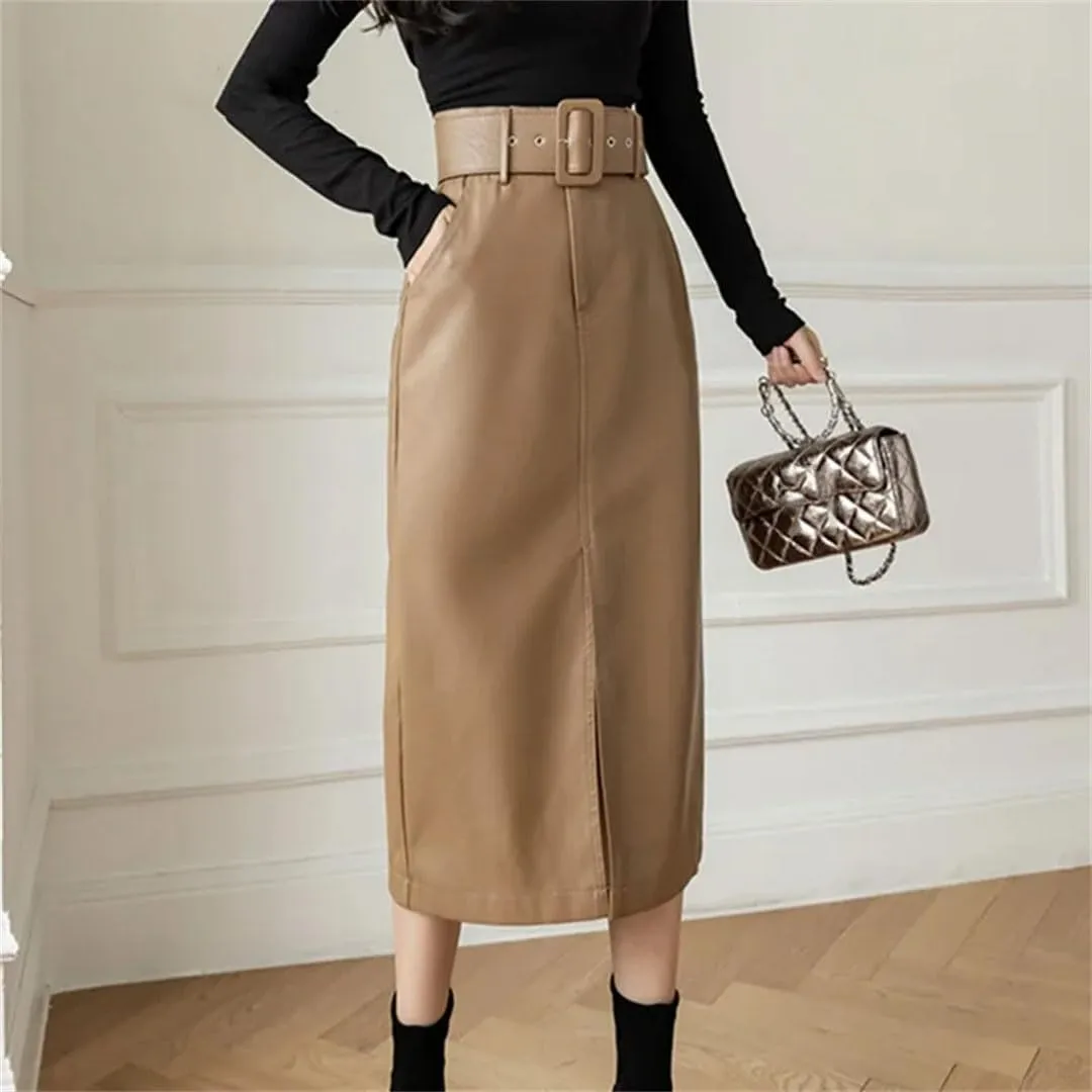 Women's PU Faxu Leather Mi-Long Wrap Skirts with Belted High Waist Front Split Sheath Pencil Skirt
