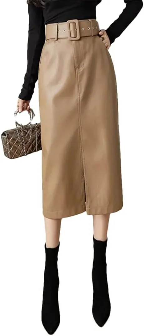 Women's PU Faxu Leather Mi-Long Wrap Skirts with Belted High Waist Front Split Sheath Pencil Skirt