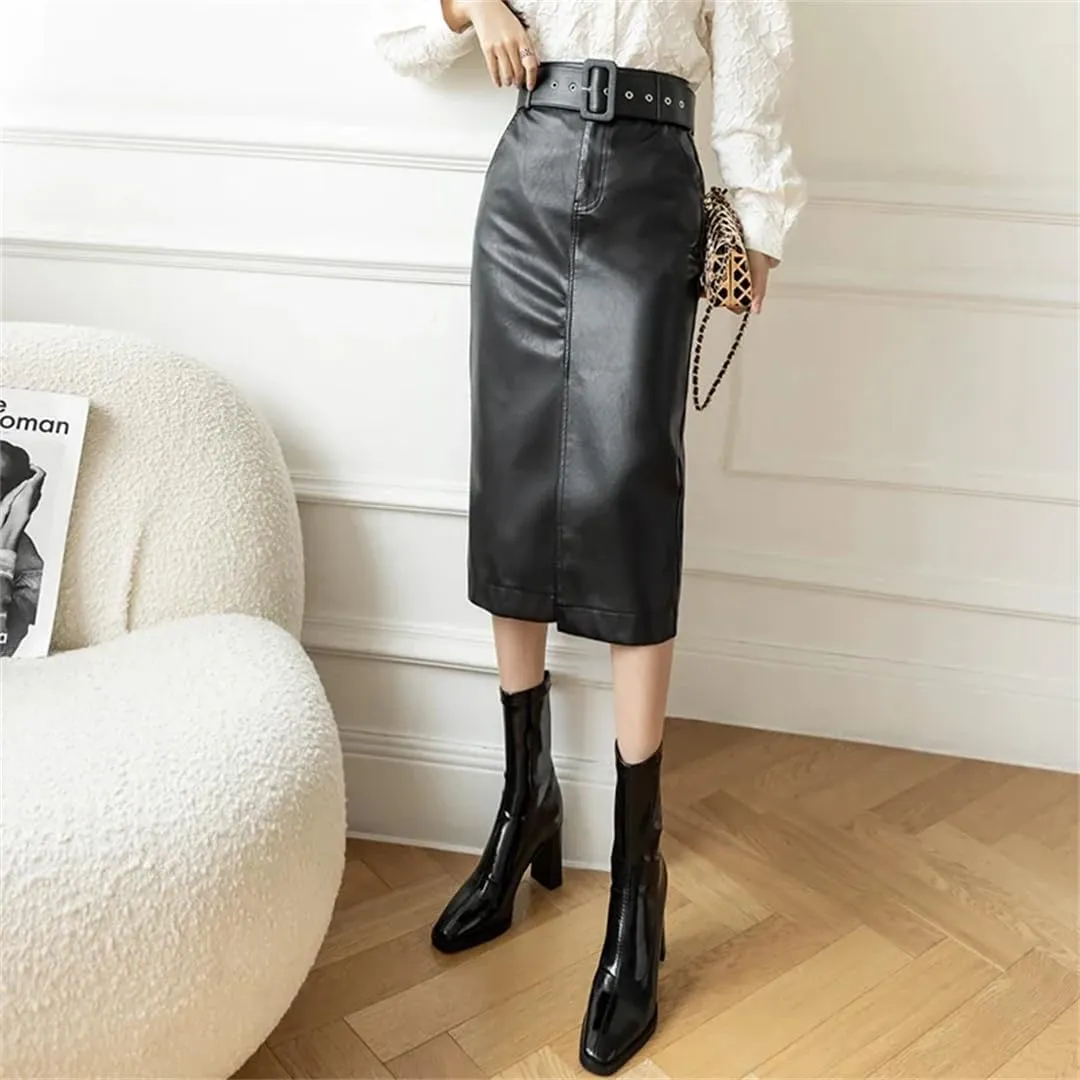 Women's PU Faxu Leather Mi-Long Wrap Skirts with Belted High Waist Front Split Sheath Pencil Skirt