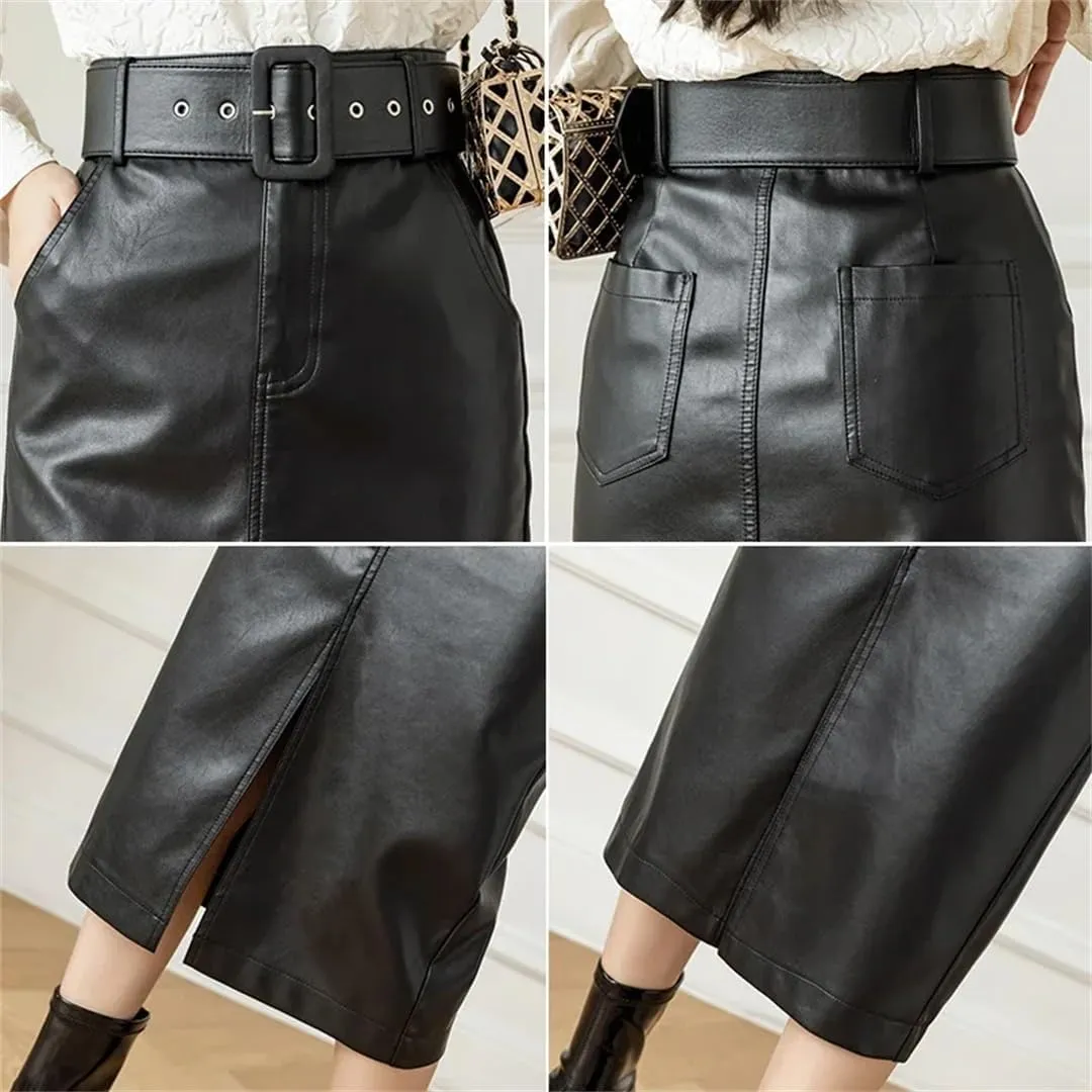 Women's PU Faxu Leather Mi-Long Wrap Skirts with Belted High Waist Front Split Sheath Pencil Skirt