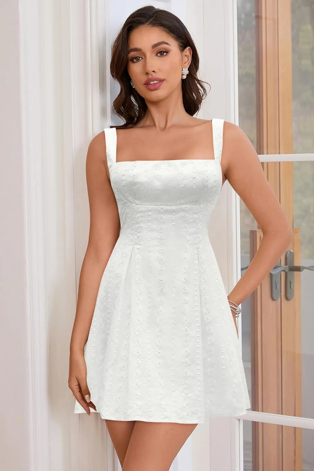 Women's Square Neck Mini Dress Sexy Backless Bow Tie Sleeveless Flare Dress Summer Short Party Dresses