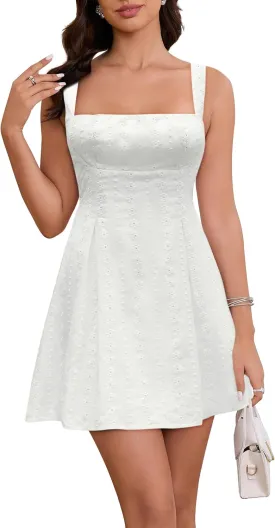 Women's Square Neck Mini Dress Sexy Backless Bow Tie Sleeveless Flare Dress Summer Short Party Dresses