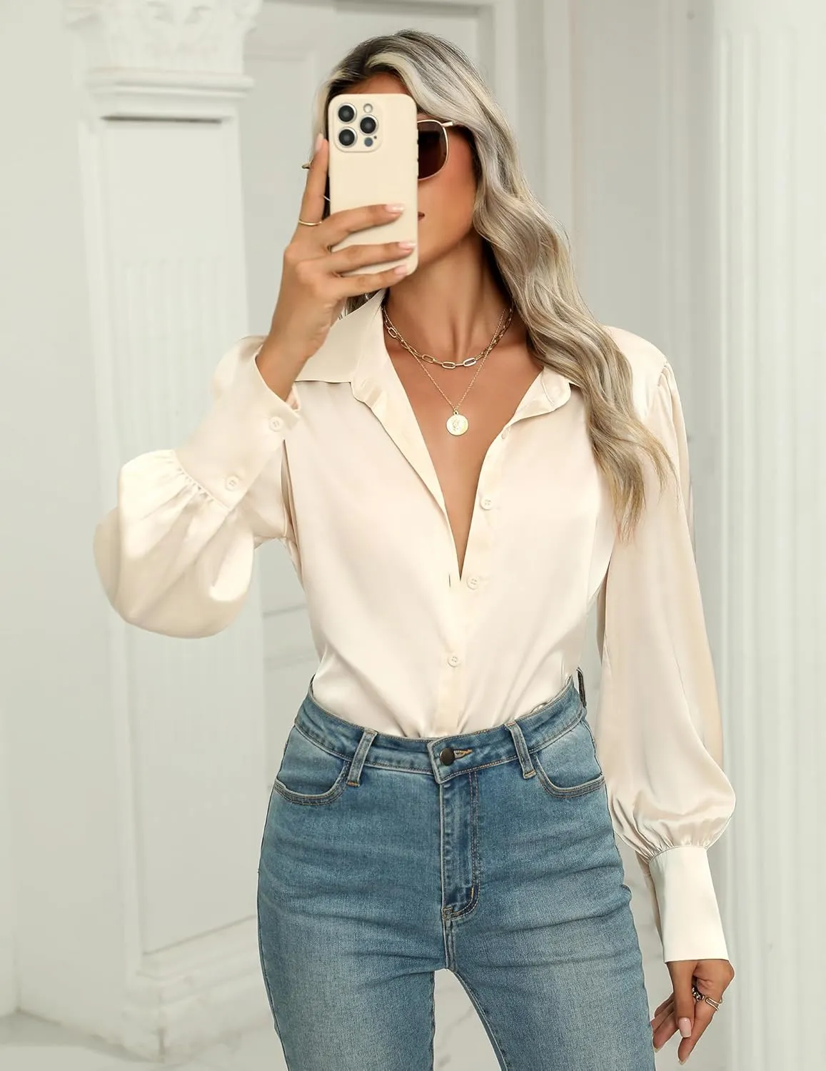 Zeagoo Womens Satin Blouse Lantern Long Sleeve Silk Button Down Shirt Dressy Casual Business Work Tunic Tops