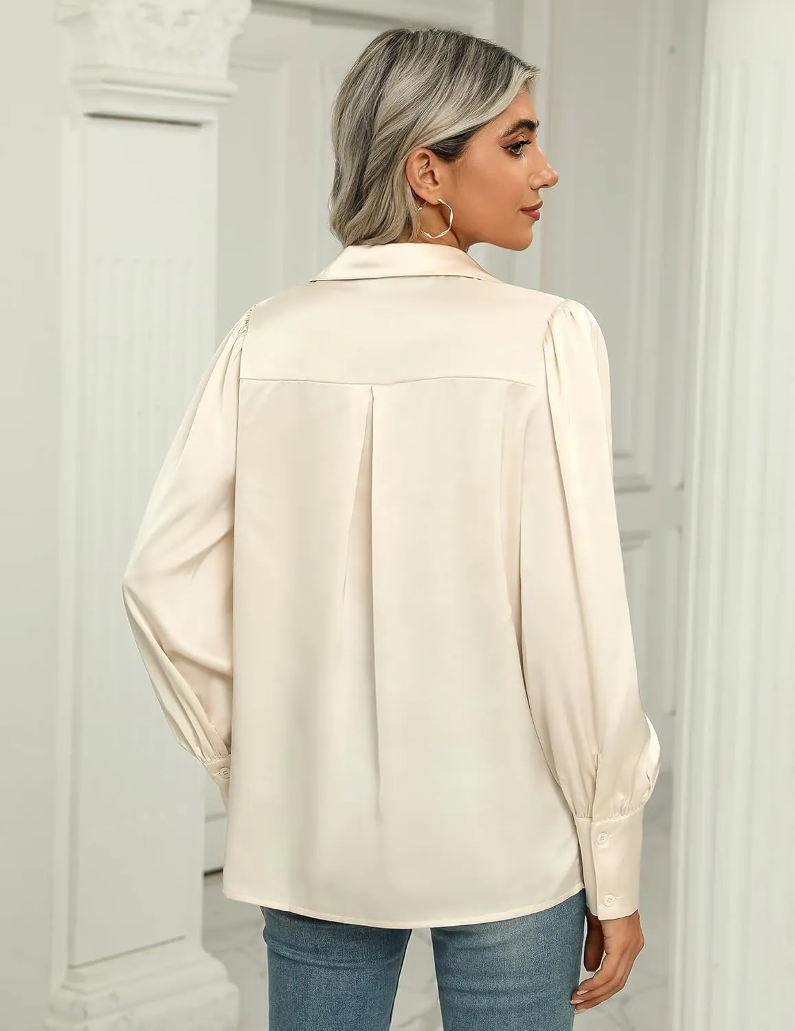 Zeagoo Womens Satin Blouse Lantern Long Sleeve Silk Button Down Shirt Dressy Casual Business Work Tunic Tops