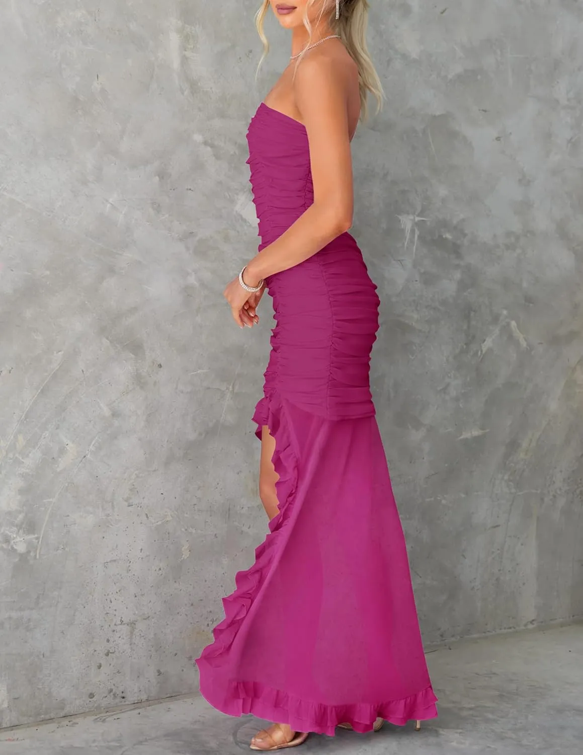 ZESICA Womens Strapless Bodycon Maxi Dresses Summer Off Shoulder Sleeveless Ruched Cocktail Party Long Dresses
