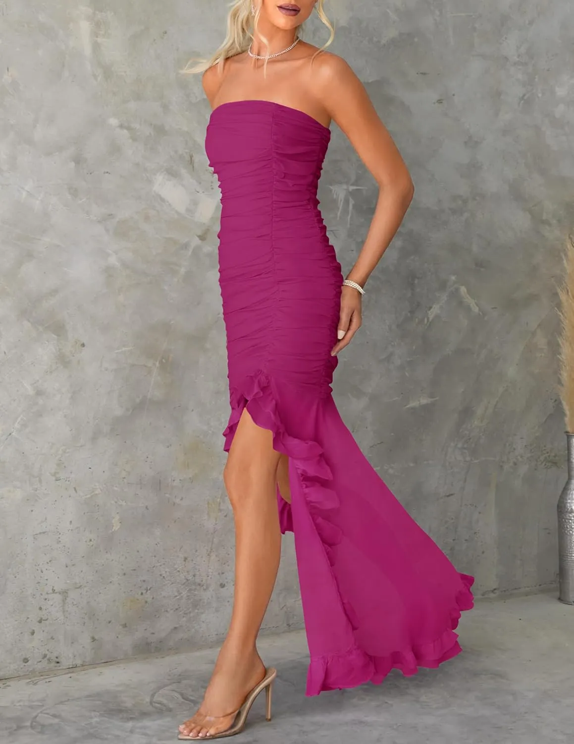ZESICA Womens Strapless Bodycon Maxi Dresses Summer Off Shoulder Sleeveless Ruched Cocktail Party Long Dresses